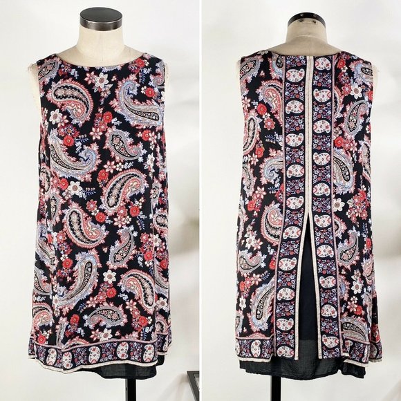J. Jill Tops - J Jill Paisley Overlay Layered Tunic Tank Top Medium Black Split Back Sleeveless